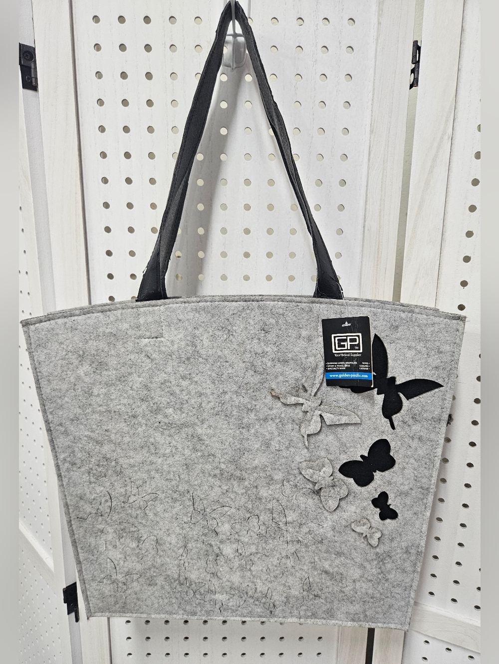 GP Golden Pacific Gray Felt Tote Bag with Black Butterfly Accents